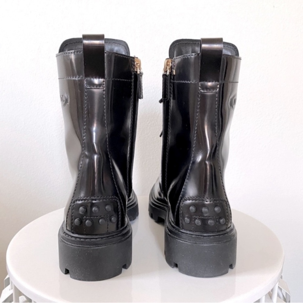 TOD’S LEATHER COMBAT BOOTS GOMMINO LACE UP SIDE ZIP LUXE EDGY GRUNGE Black 40 - Picture 3 of 7